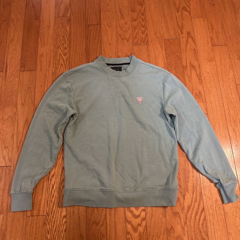 Vintage Guess Sweatshirt Mens Small turquoise Crewneck Triangle Logo 90s
